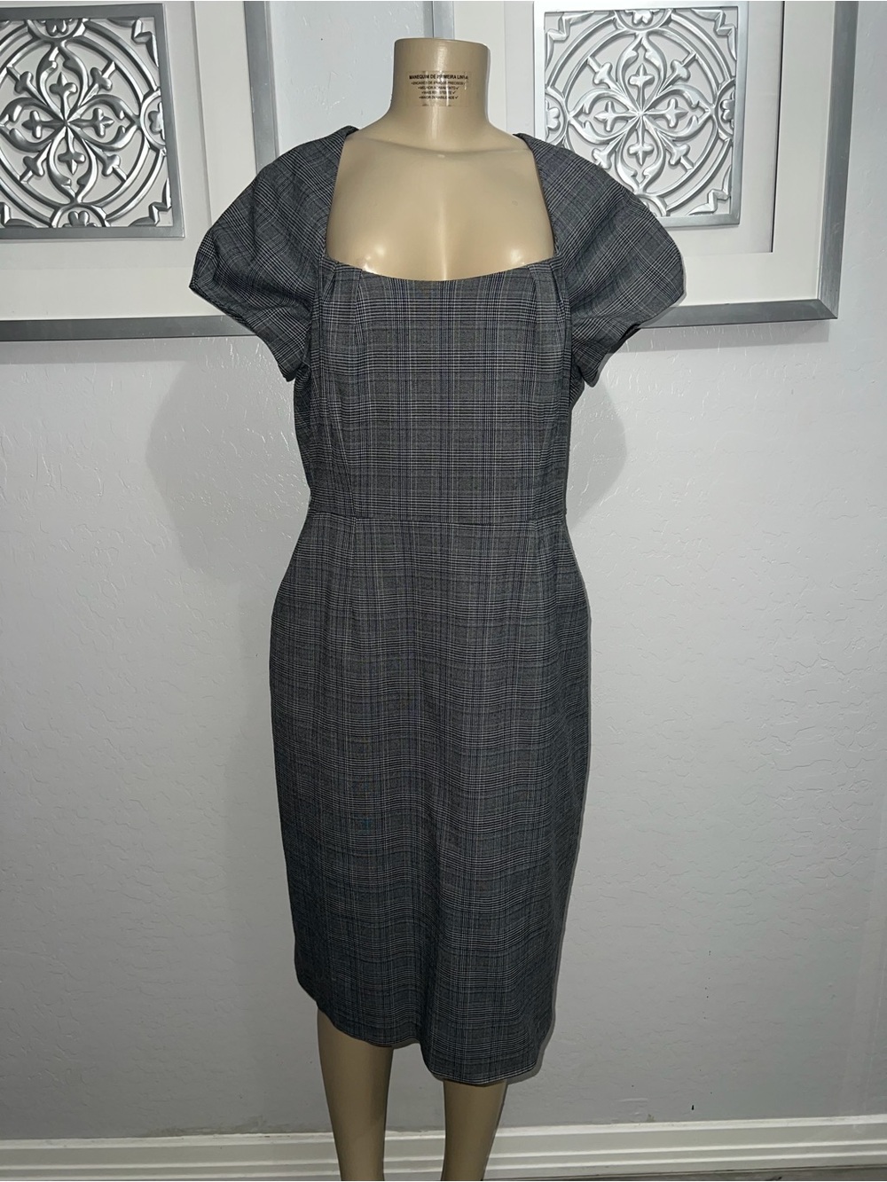 Banana Republic Gray Plaid Square Neck Midi Dress with Short Sleeves